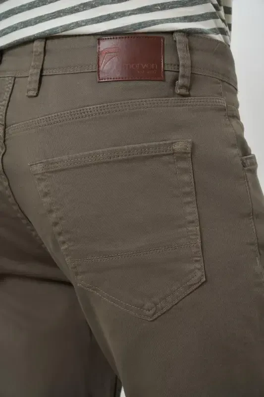 Modazone Erkaklar Haki Paxta 5 cho'ntak Slim Fit Jinsi Shim - 5