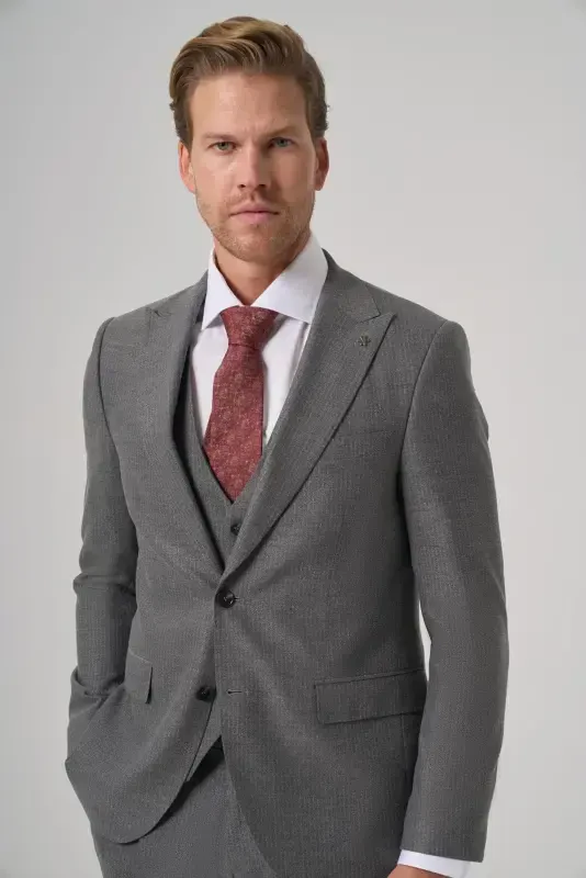 Modazone Erkaklar kulrang poliviskon trend chiziqli slim fit uchli yoqali kostyum - 2