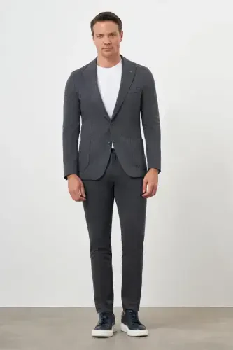 Modazone Erkaklar Kulrang Poliviskoz Trend Chiziqli Naqshli Slim Fit O'tkir Yoqali Kostyum - 1