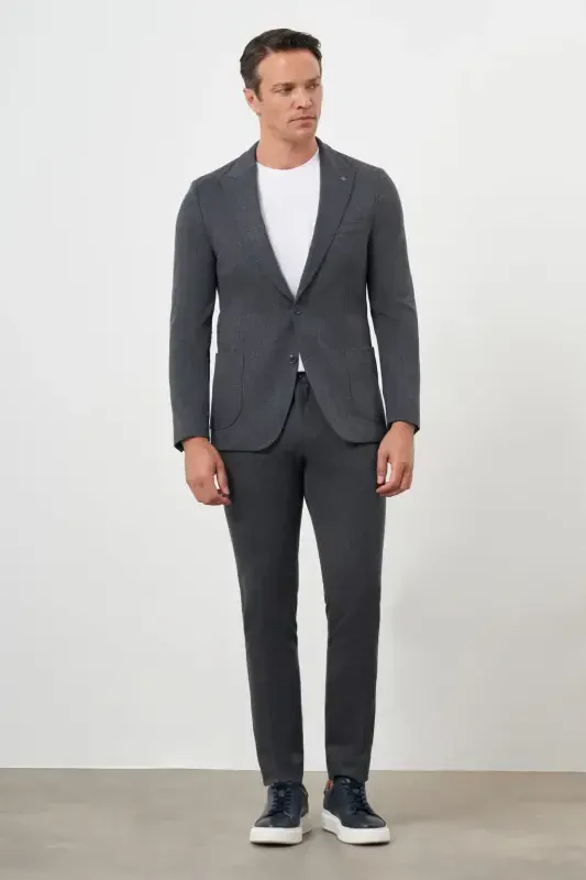 Modazone Erkaklar Kulrang Poliviskoz Trend Chiziqli Naqshli Slim Fit O'tkir Yoqali Kostyum - 2