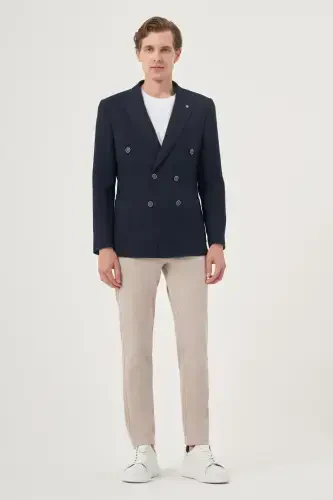 Modazone erkaklar lacivert poliviskon kruvaze naqshli slim fit uchli yoqali kurtka - 4