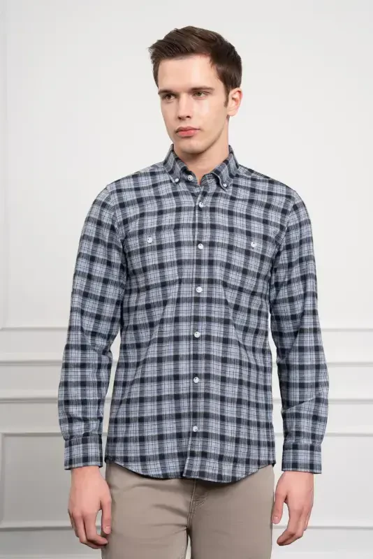 Modazone Erkaklar Moviy Qishki Tugmali Yoqali Regular Fit Ko'ylak - 4