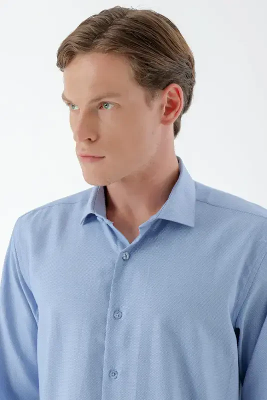 Modazone Erkaklar Moviy Trend Bosma Naqshli İtaliya Yoqali Slim Fit Ko'ylak - 4