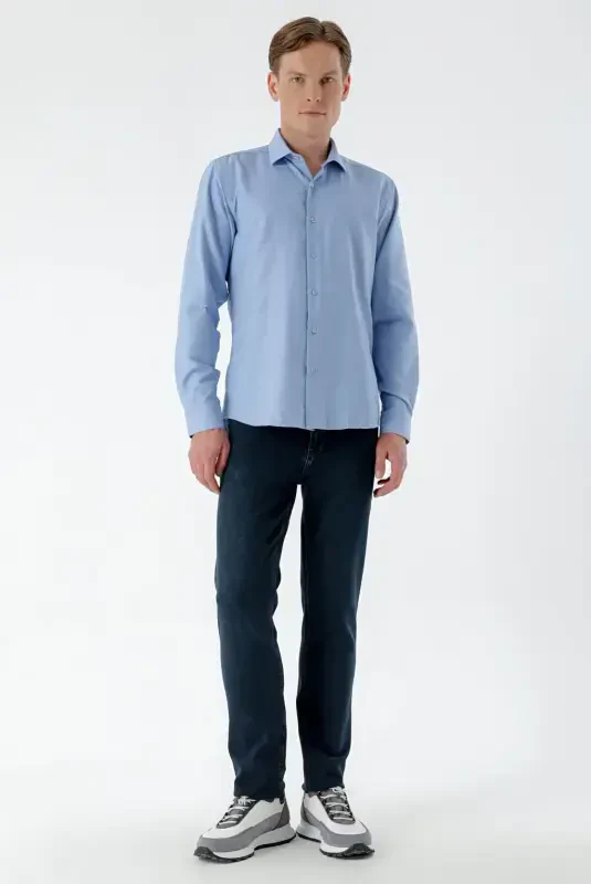 Modazone Erkaklar Moviy Trend Bosma Naqshli İtaliya Yoqali Slim Fit Ko'ylak - 6