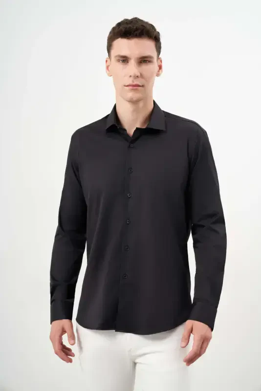 Modazone Erkaklar Qora Asosiy Tekis Naqshli Italyan Yoqali Slim Fit Ko'ylak - 2