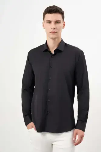 Modazone Erkaklar Qora Asosiy Tekis Naqshli Italyan Yoqali Slim Fit Ko'ylak - 3