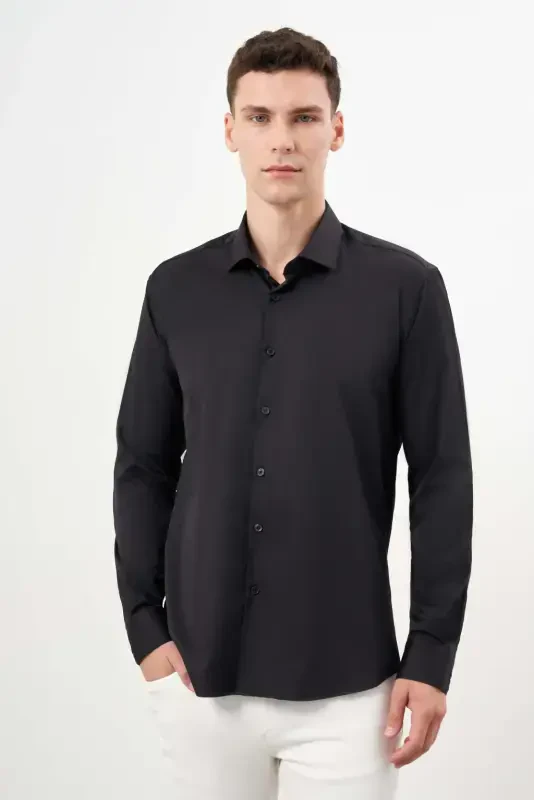 Modazone Erkaklar Qora Asosiy Tekis Naqshli Italyan Yoqali Slim Fit Ko'ylak - 3