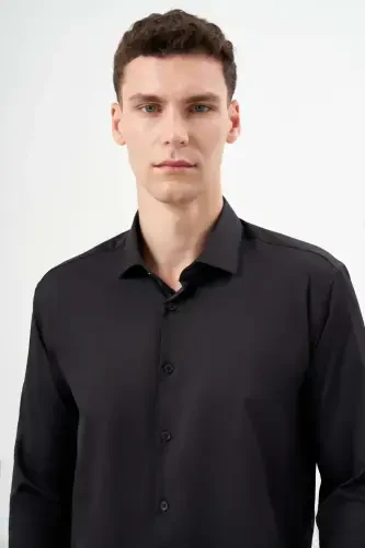 Modazone Erkaklar Qora Asosiy Tekis Naqshli Italyan Yoqali Slim Fit Ko'ylak - 4