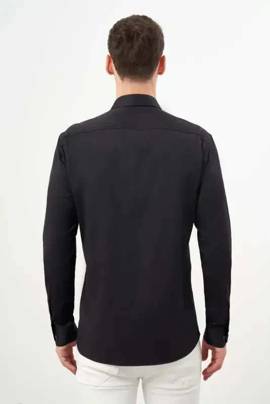 Modazone Erkaklar Qora Asosiy Tekis Naqshli Italyan Yoqali Slim Fit Ko'ylak - 6