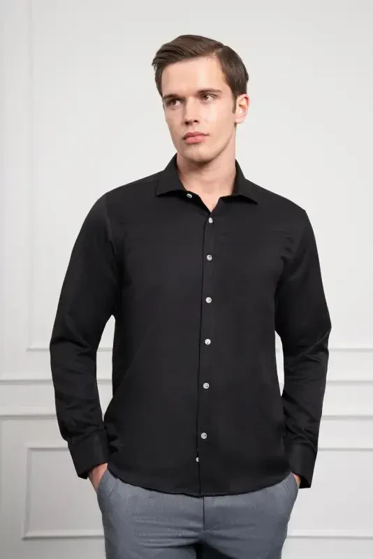 Modazone Erkaklar Qora Trend Italyan Yoqali Slim Fit Tor Kesimli Ko'ylak - 1