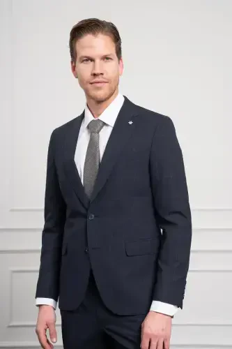 Modazone erkaklar to'q ko'k junli slim fit o'tkir yoqali kostyum - 1