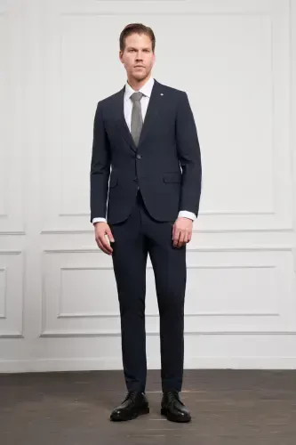 Modazone erkaklar to'q ko'k junli slim fit o'tkir yoqali kostyum - 3