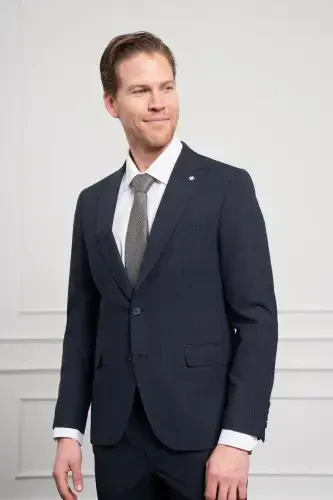 Modazone erkaklar to'q ko'k junli slim fit o'tkir yoqali kostyum - 5