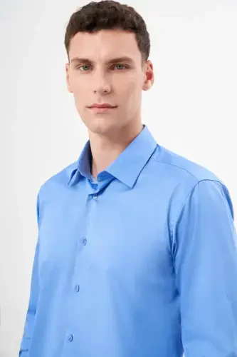 Modazone erkaklar to'q ko'k paxta tekis naqshli qattiq yoqali slim fit ko'ylak - 3