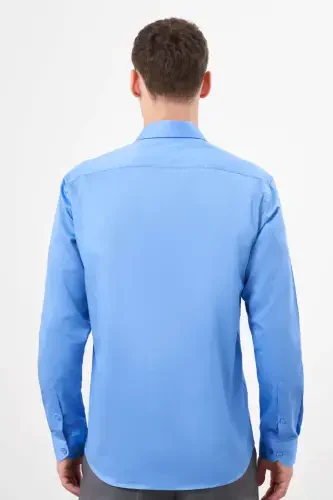 Modazone erkaklar to'q ko'k paxta tekis naqshli qattiq yoqali slim fit ko'ylak - 5