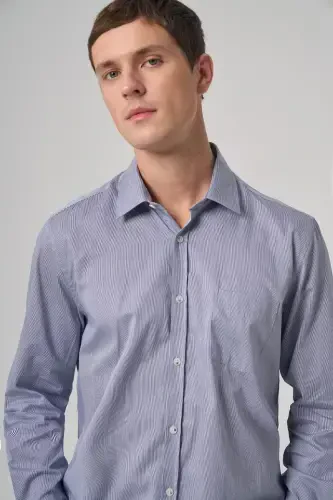 Modazone Erkaklar To'q ko'k Paxta Trend Chiziqli Regular Fit Qattiq Yoqali Ko'ylak - 2