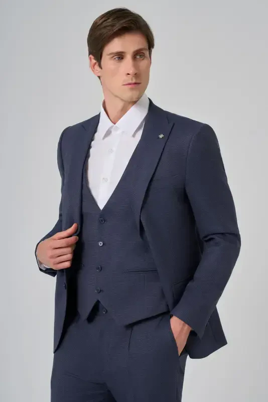 Modazone Erkaklar To'q ko'k poliviskon jiletli trend naqshli slim fit uchli yoqali kostyum - 1