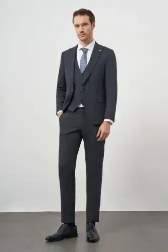 Modazone erkaklar to'q ko'k poliviskon trend jiletli naqshli slim fit uchli yoqali kostyum - 3