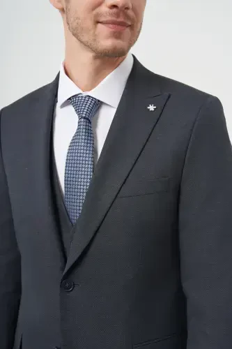 Modazone erkaklar to'q ko'k poliviskon trend jiletli naqshli slim fit uchli yoqali kostyum - 4