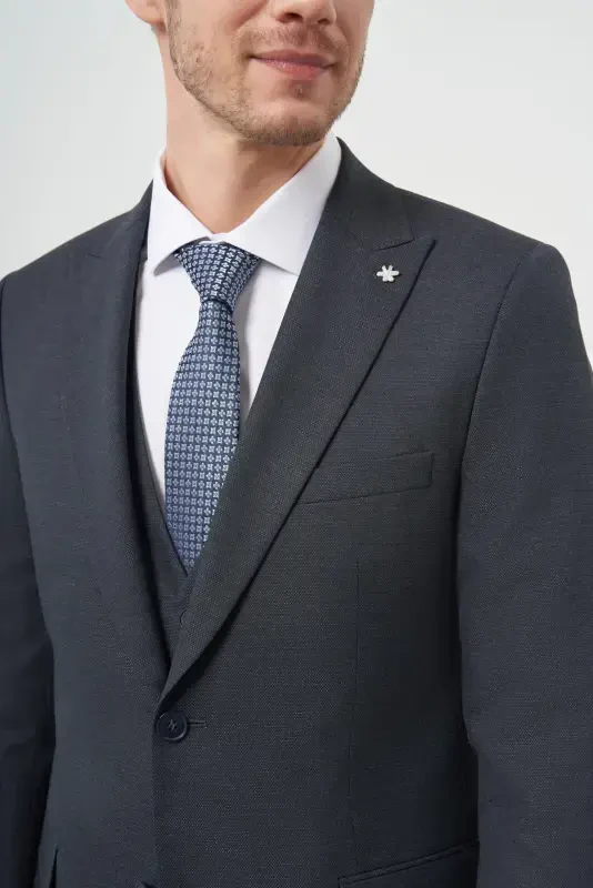 Modazone erkaklar to'q ko'k poliviskon trend jiletli naqshli slim fit uchli yoqali kostyum - 4