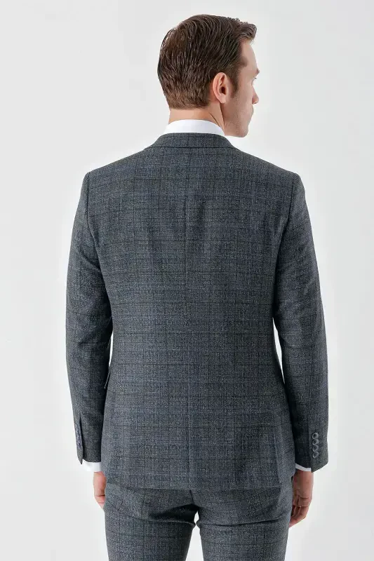 Modazone Erkaklar to'q ko'k poliviskon trendli jiletli kombinatsiyalangan uchli yoqali kostyum - 8