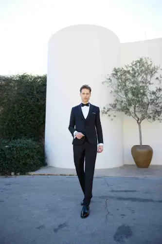 Modazone Erkaklar To'q ko'k Poliviskoz Ceromonia Jakar Naqshli Slim Fit Shawl Chiqma Yoqali Kuyov Libosi - 3