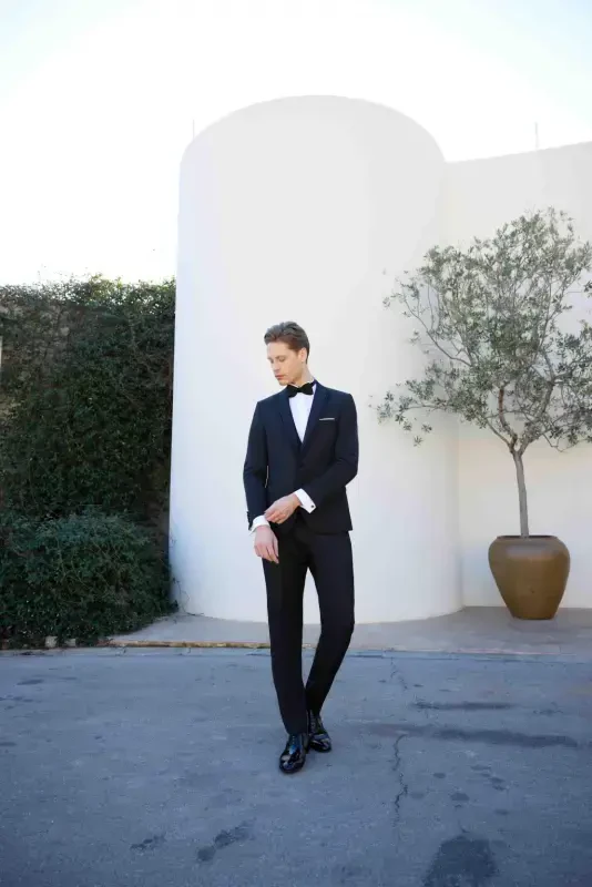 Modazone Erkaklar To'q ko'k Poliviskoz Ceromonia Jakar Naqshli Slim Fit Shawl Chiqma Yoqali Kuyov Libosi - 4