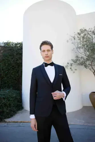 Modazone Erkaklar To'q ko'k Poliviskoz Ceromonia Jakar Naqshli Slim Fit Shawl Chiqma Yoqali Kuyov Libosi - 5