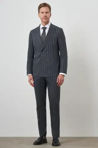 Modazone Erkaklar To'q ko'k Tend Zig'ir Keten Kruvaze Slim Fit Uchli Yoqali Kostyum - 2