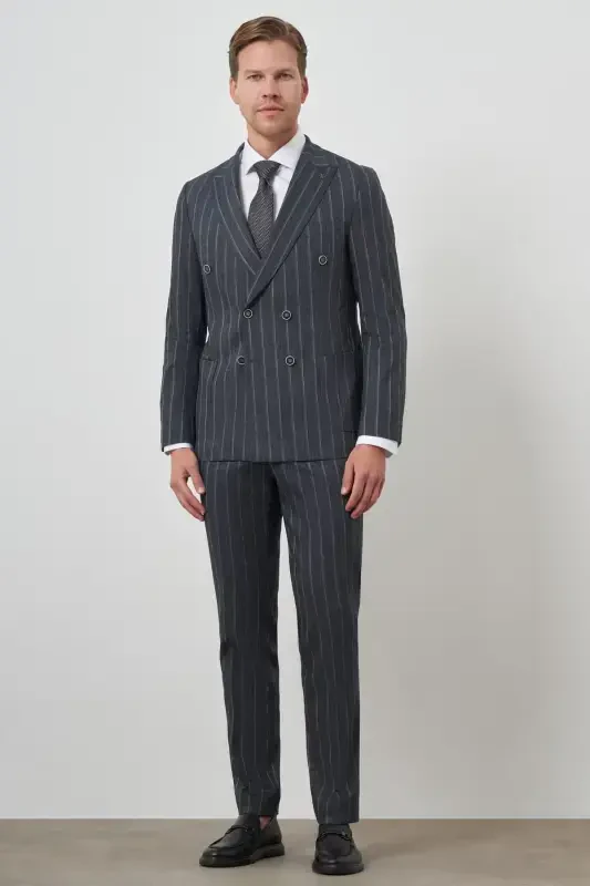 Modazone Erkaklar To'q ko'k Tend Zig'ir Keten Kruvaze Slim Fit Uchli Yoqali Kostyum - 2