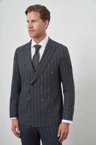 Modazone Erkaklar To'q ko'k Tend Zig'ir Keten Kruvaze Slim Fit Uchli Yoqali Kostyum - 4