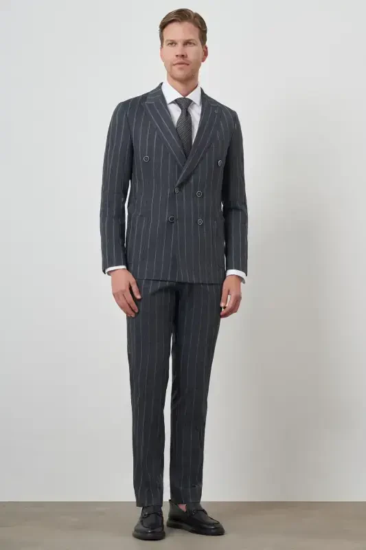 Modazone Erkaklar To'q ko'k Tend Zig'ir Keten Kruvaze Slim Fit Uchli Yoqali Kostyum - 5