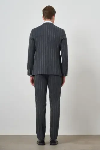 Modazone Erkaklar To'q ko'k Tend Zig'ir Keten Kruvaze Slim Fit Uchli Yoqali Kostyum - 6