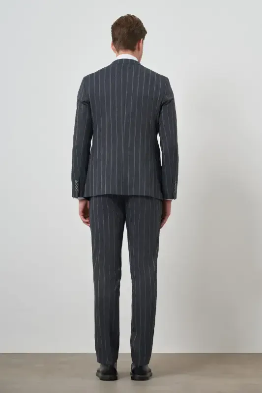 Modazone Erkaklar To'q ko'k Tend Zig'ir Keten Kruvaze Slim Fit Uchli Yoqali Kostyum - 6