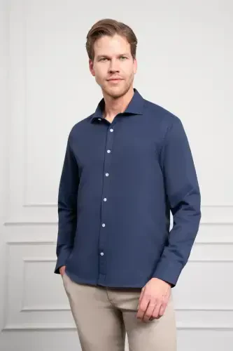 Modazone Erkaklar To'q ko'k Trend italyan yoqali Slim Fit tor kesimli ko'ylak 