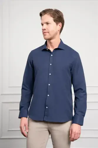 Modazone Erkaklar To'q ko'k Trend italyan yoqali Slim Fit tor kesimli ko'ylak - 3