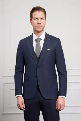 Modazone Erkaklar to'q ko'k trend jiletli kombinatsiyalangan junli slim fit uchli yoqali kostyum - 4