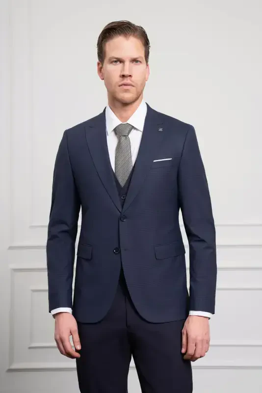 Modazone Erkaklar to'q ko'k trend jiletli kombinatsiyalangan junli slim fit uchli yoqali kostyum - 4