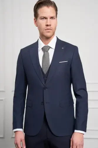 Modazone Erkaklar to'q ko'k trend jiletli kombinatsiyalangan junli slim fit uchli yoqali kostyum - 5