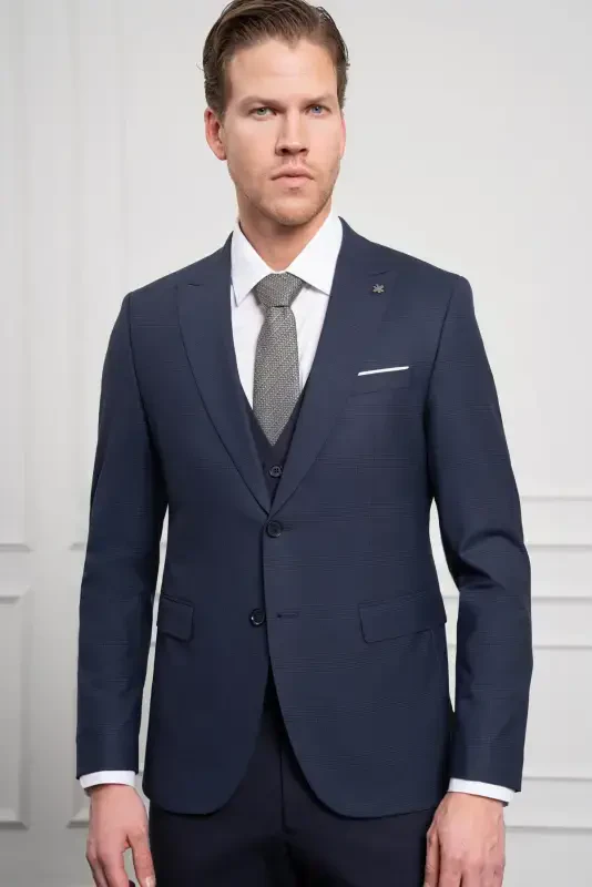 Modazone Erkaklar to'q ko'k trend jiletli kombinatsiyalangan junli slim fit uchli yoqali kostyum - 5