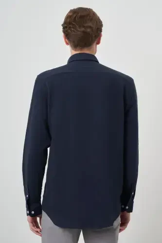 Modazone Erkaklar to'q ko'k trend keten slim fit tugmali yoqali ko'ylak - 5