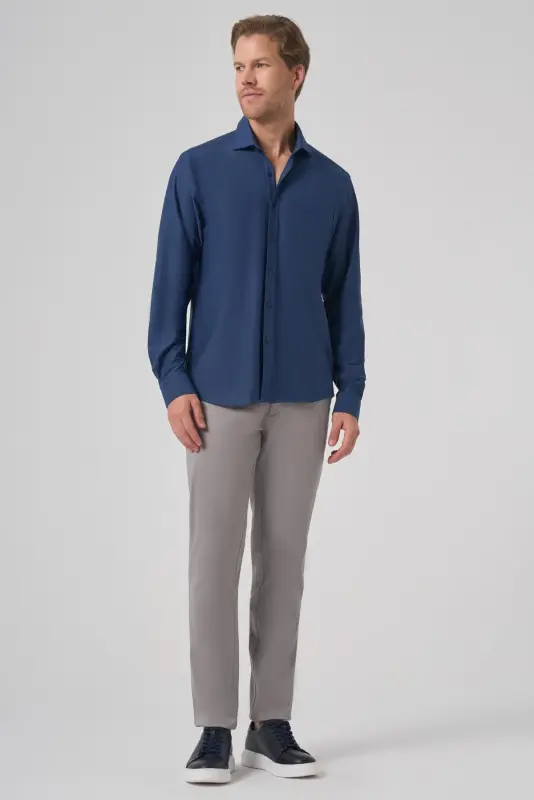 Modazone Erkaklar to'q ko'k Trend tekis Slim Fit to'liq italyancha yoqali ko'ylak - 4