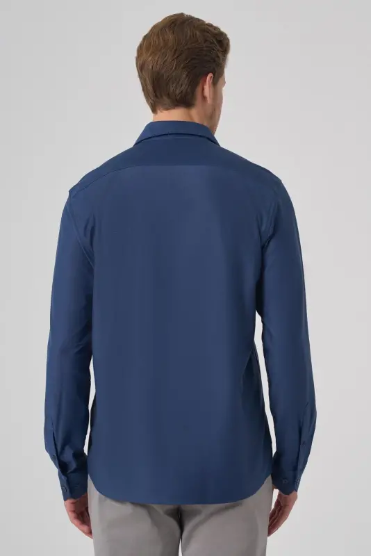 Modazone Erkaklar to'q ko'k Trend tekis Slim Fit to'liq italyancha yoqali ko'ylak - 5