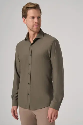 Modazone Erkaklar Xaki Trend Tekis Slim Fit To'liq İtalyan Yoqali Ko'ylak 