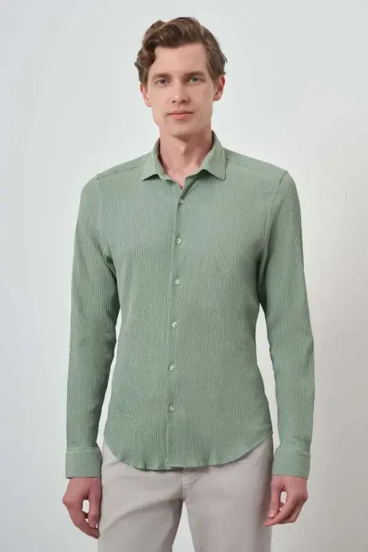 Modazone Erkaklar yalpiz yashil gofre trend naqshli Dynamic Fit İtalyan yoqali ko'ylak - MORVEN