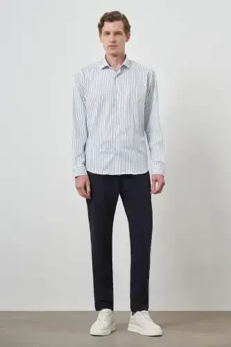 Morven Erkek A-Beyaz Trend Çizgili Slim Fit İtalyan Yaka Gömlek - 2