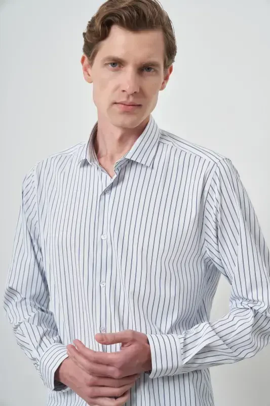 Morven Erkek A-Beyaz Trend Çizgili Slim Fit İtalyan Yaka Gömlek - 3