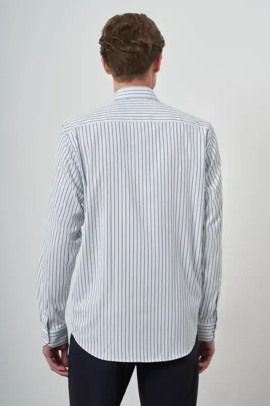 Morven Erkek A-Beyaz Trend Çizgili Slim Fit İtalyan Yaka Gömlek - 5