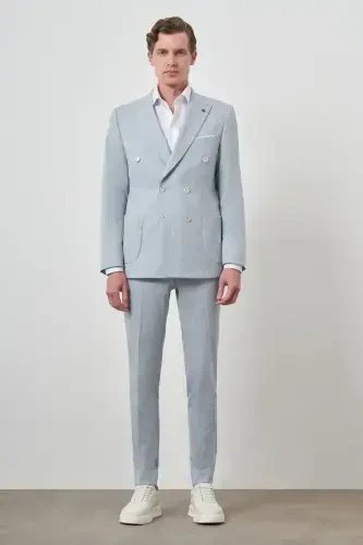 Morven Erkek A. MAVİ Çizgili Desen Kruvaze Slim Fit Sivri Yaka Takım Elbise - 2