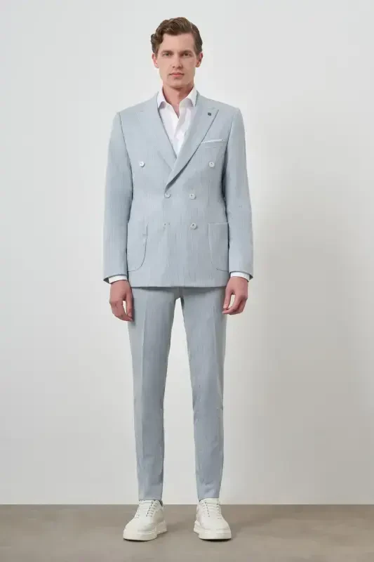 Morven Erkek A. MAVİ Çizgili Desen Kruvaze Slim Fit Sivri Yaka Takım Elbise - 2